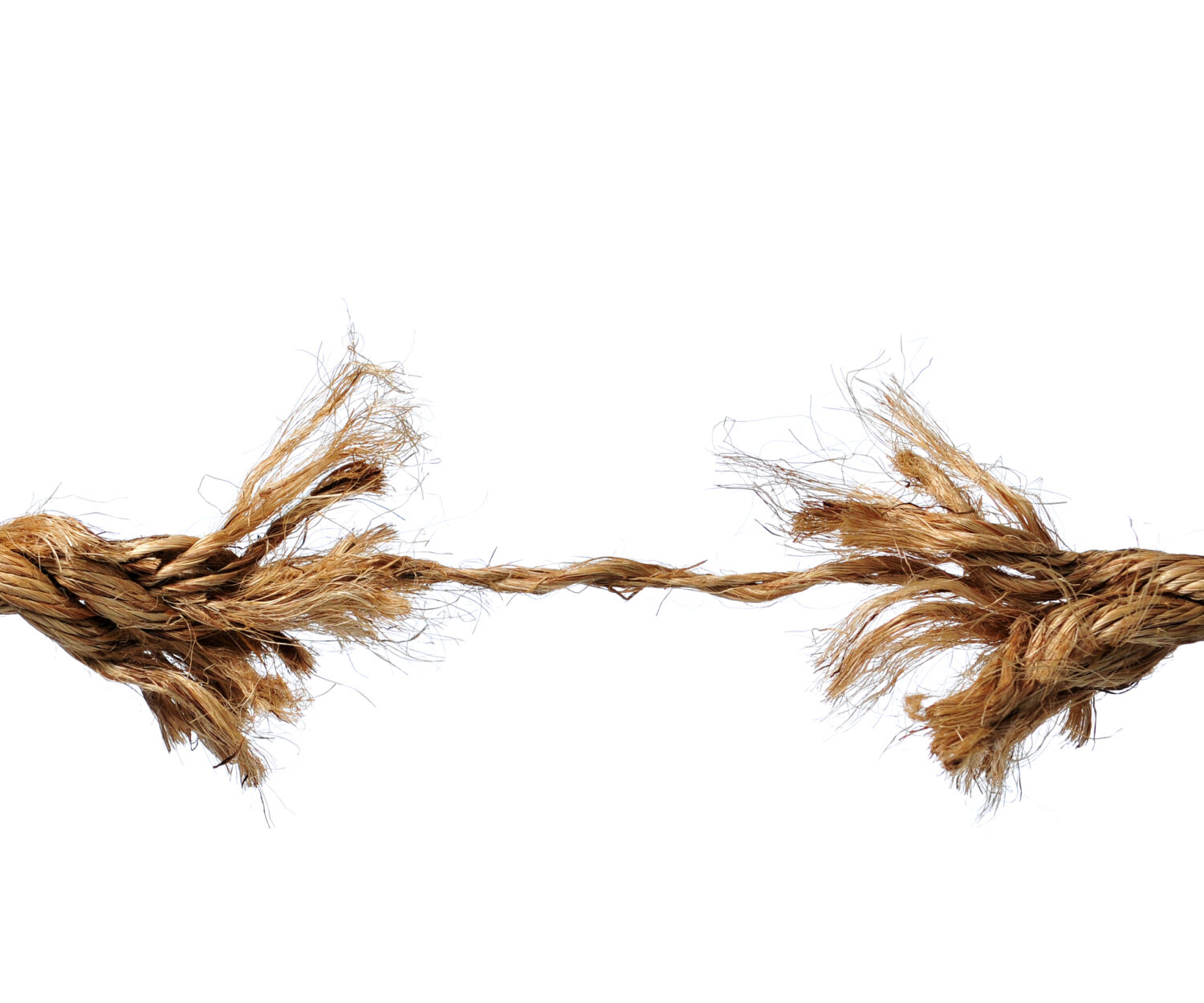 Frayed rope about to break isolated over a white background
